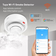 Tuya WiFi smoke detector lifestyle shot, white and red fire alarm design