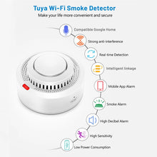 Tuya WiFi smoke detector detail close-up, white wireless alarm feature