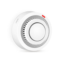 Tuya WiFi smoke detector front view, round white design with red indicator