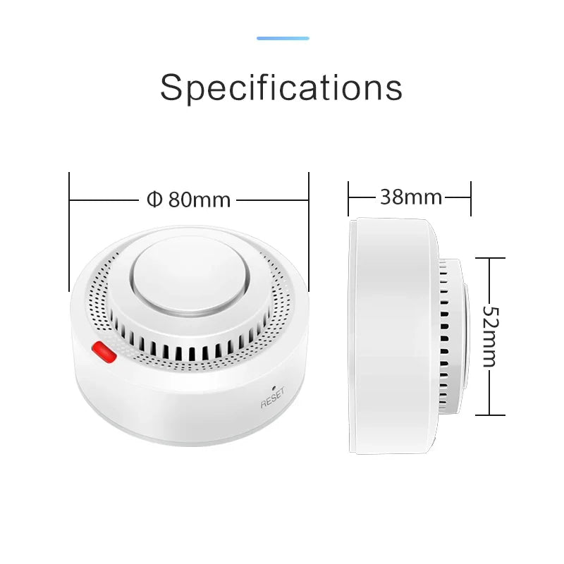 Tuya WiFi smoke detector specifications detail, white with red indicator
