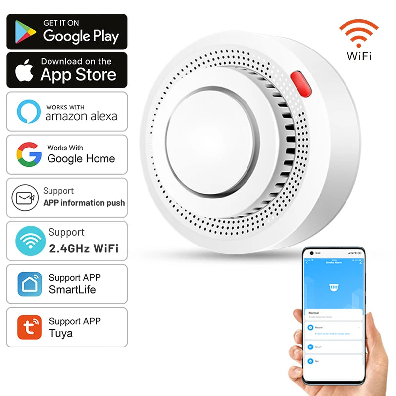 Tuya WiFi smoke detector lifestyle shot, white and red with app control