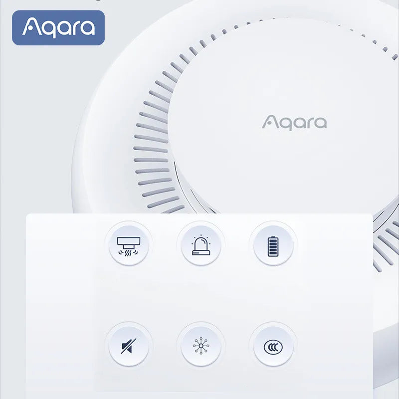 Aqara smoke detector front view, white body with logo and control buttons