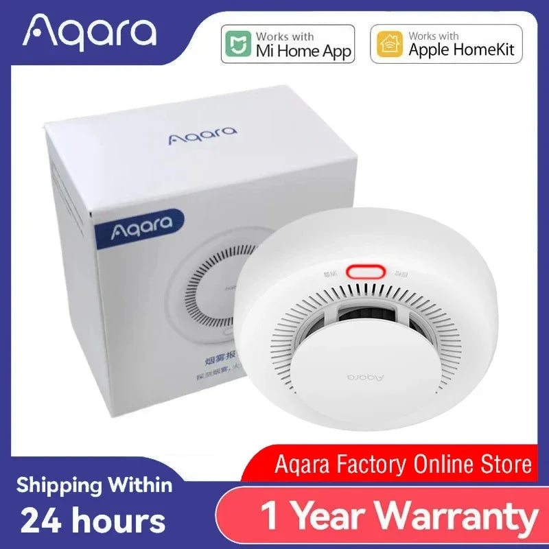 Aqara smoke detector packaging in white and blue, warranty and shipping icons