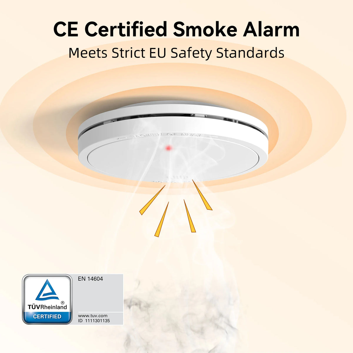 Smoke alarm close-up with safety certification look, white and black on solid background
