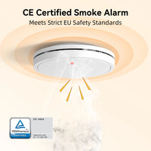Smoke alarm close-up with safety certification look, white and black on solid background