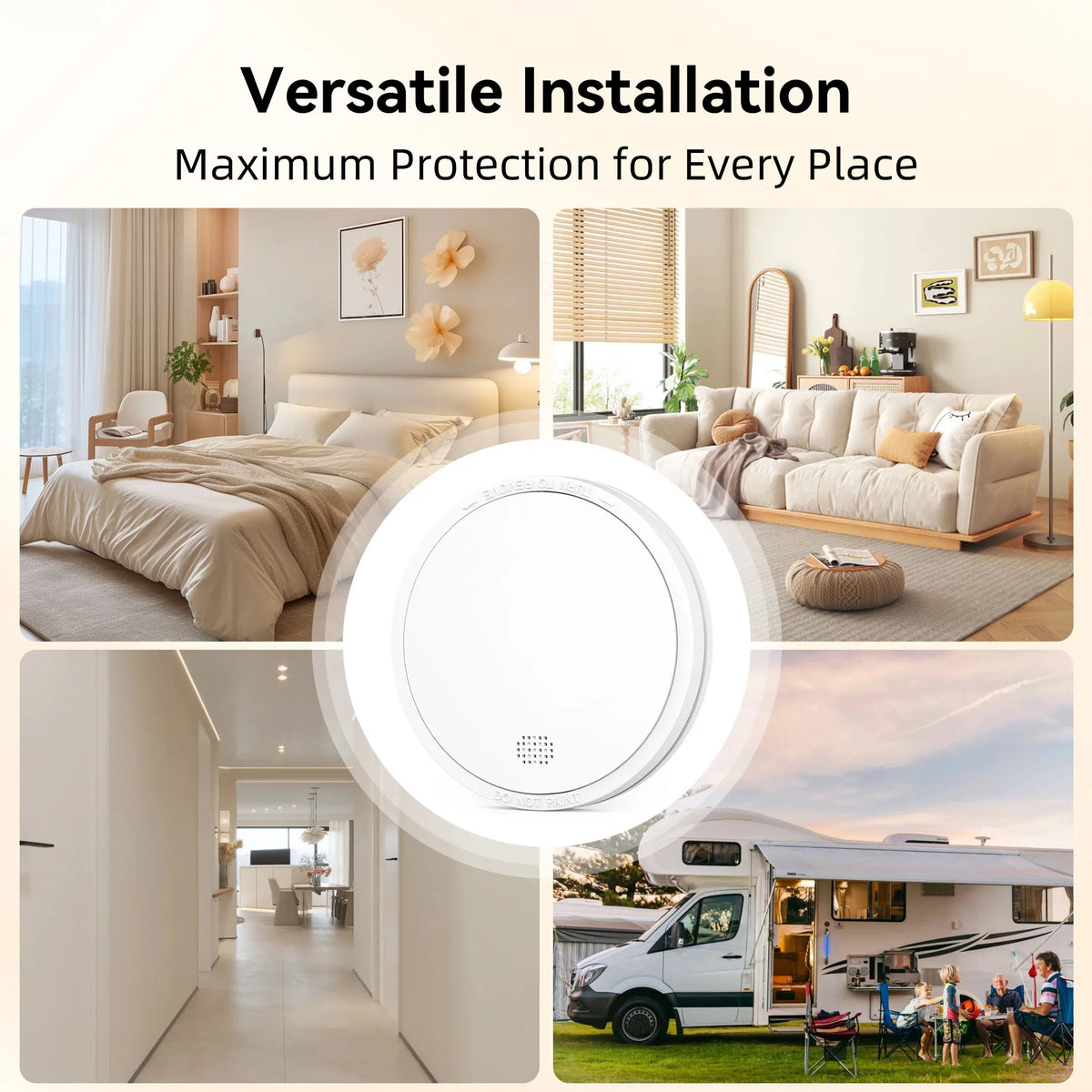 Smoke alarm lifestyle setup, white and beige home safety devices in natural setting