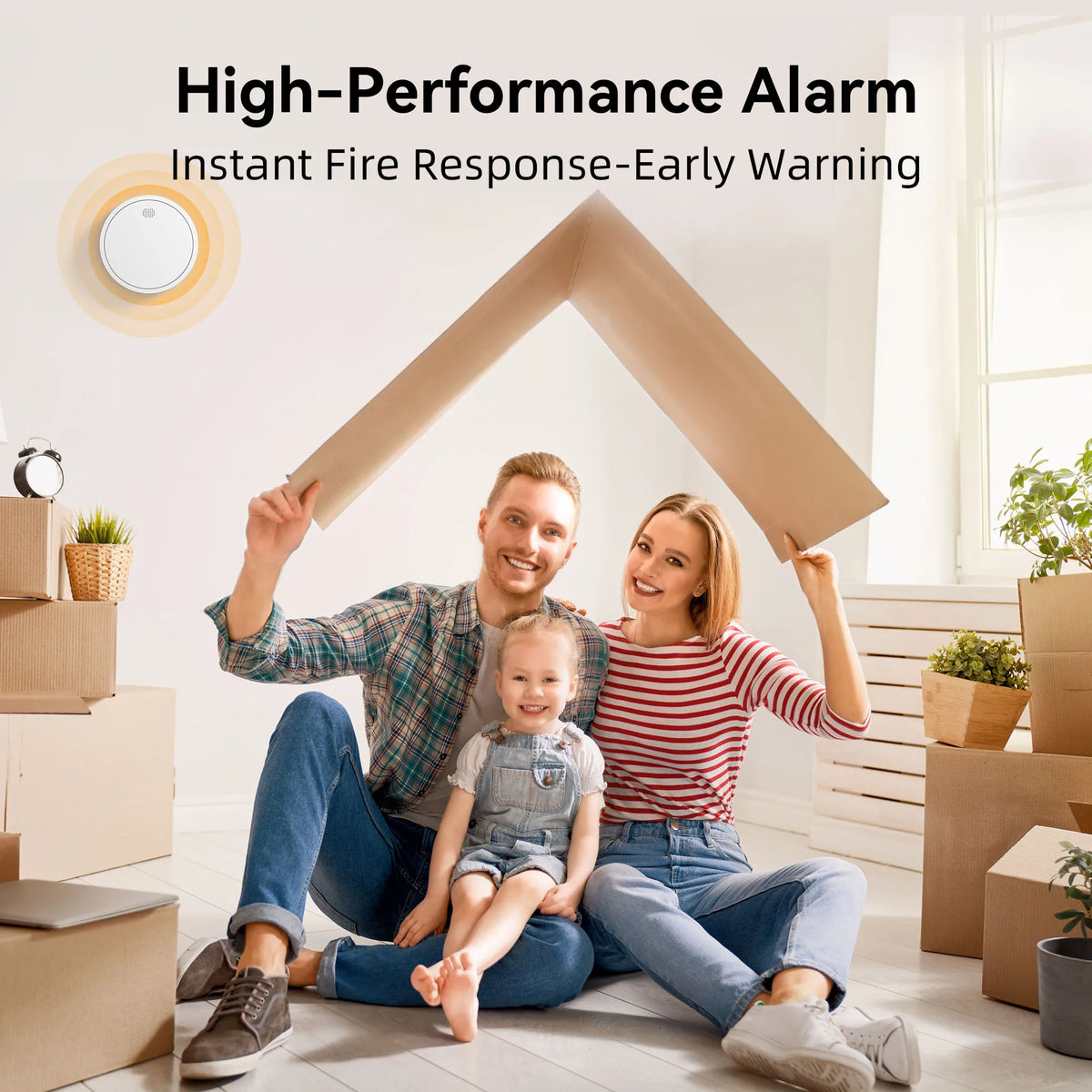 Family home safety lifestyle scene with smoke alarm, white and brown tones