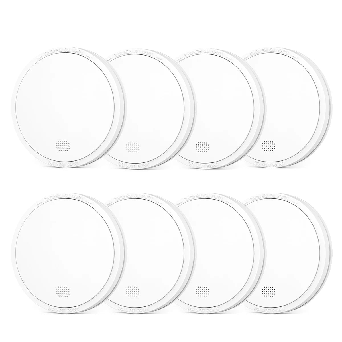 Set of six compact smoke alarms, white on white background