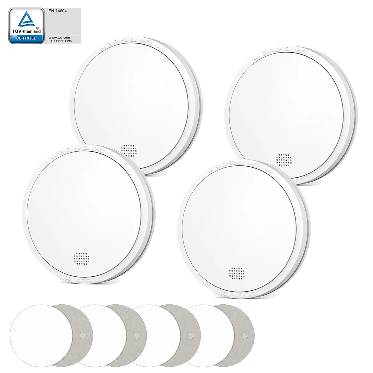 Smoke alarm packaging with included batteries, white box on white background
