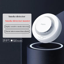 Aqara smoke detector detail close-up, compact white-blue device on solid background