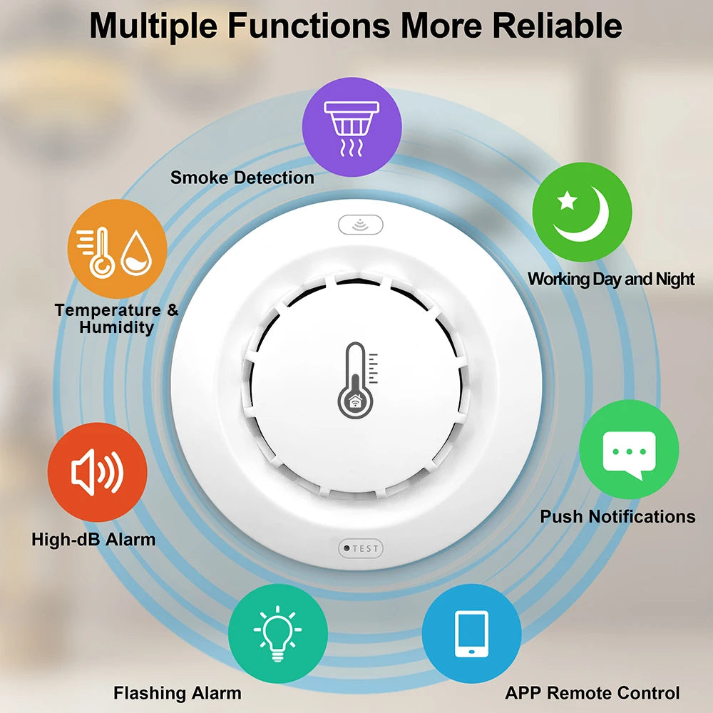 3-in-1 WiFi smoke detector detail close-up, white and orange