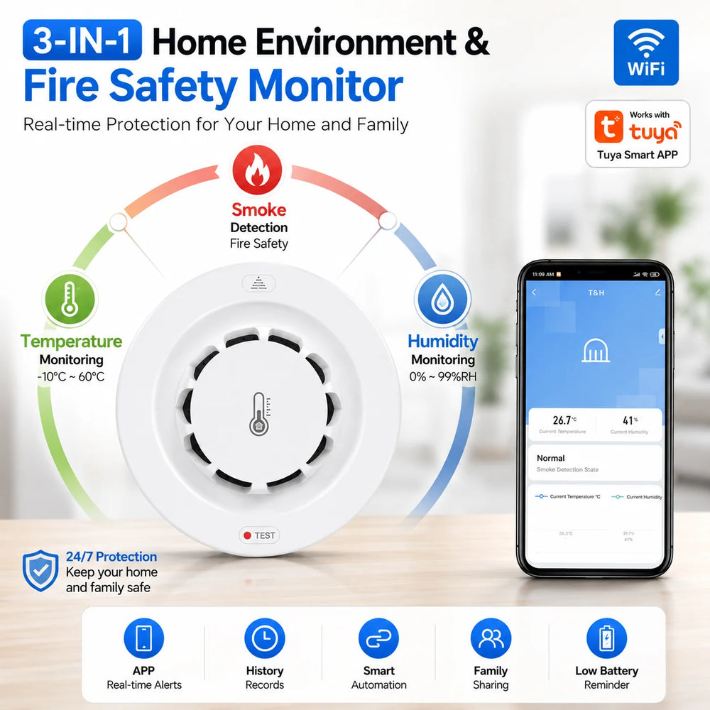 3-in-1 WiFi smoke detector lifestyle view, white and blue