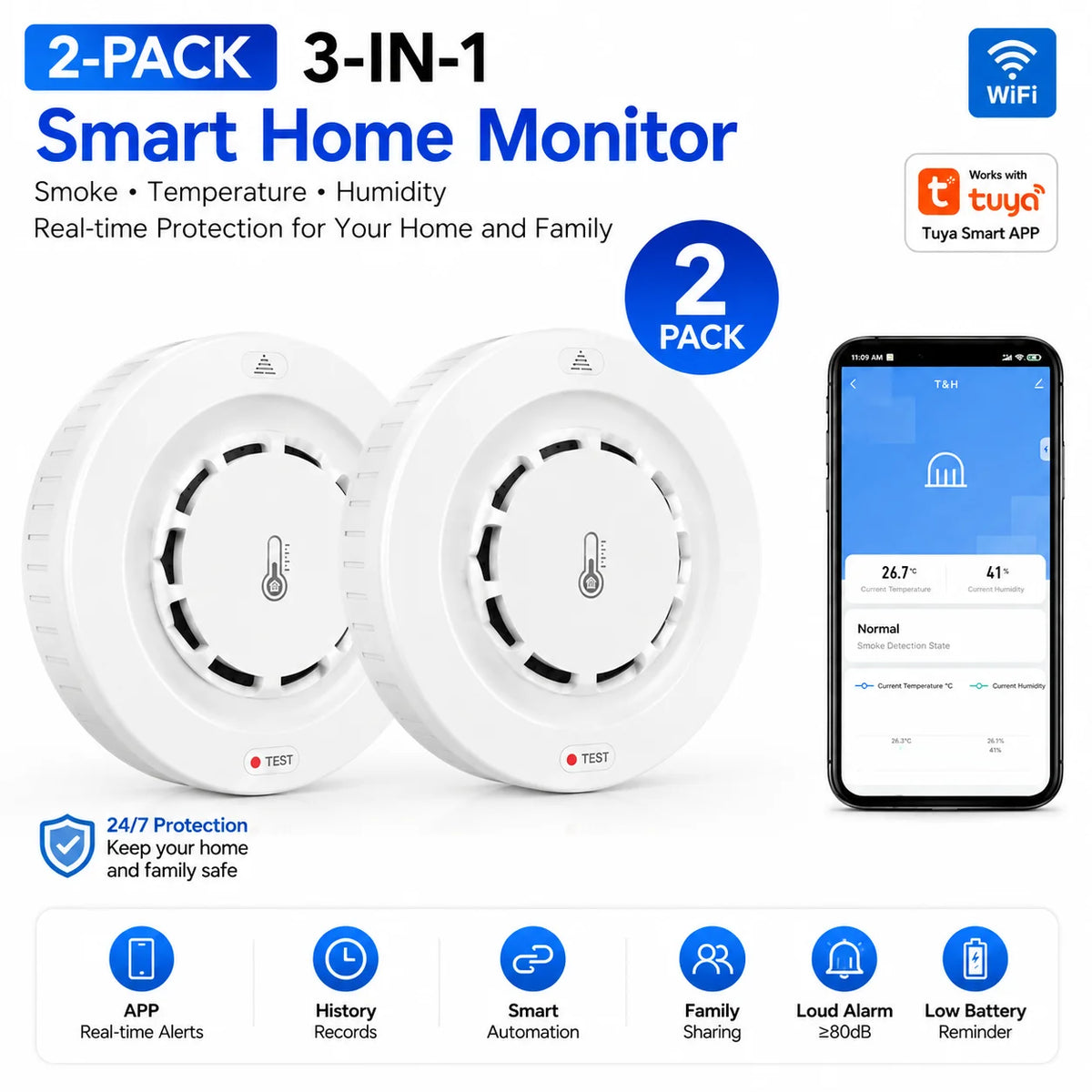 3-in-1 WiFi smoke detector front view, white two-pack
