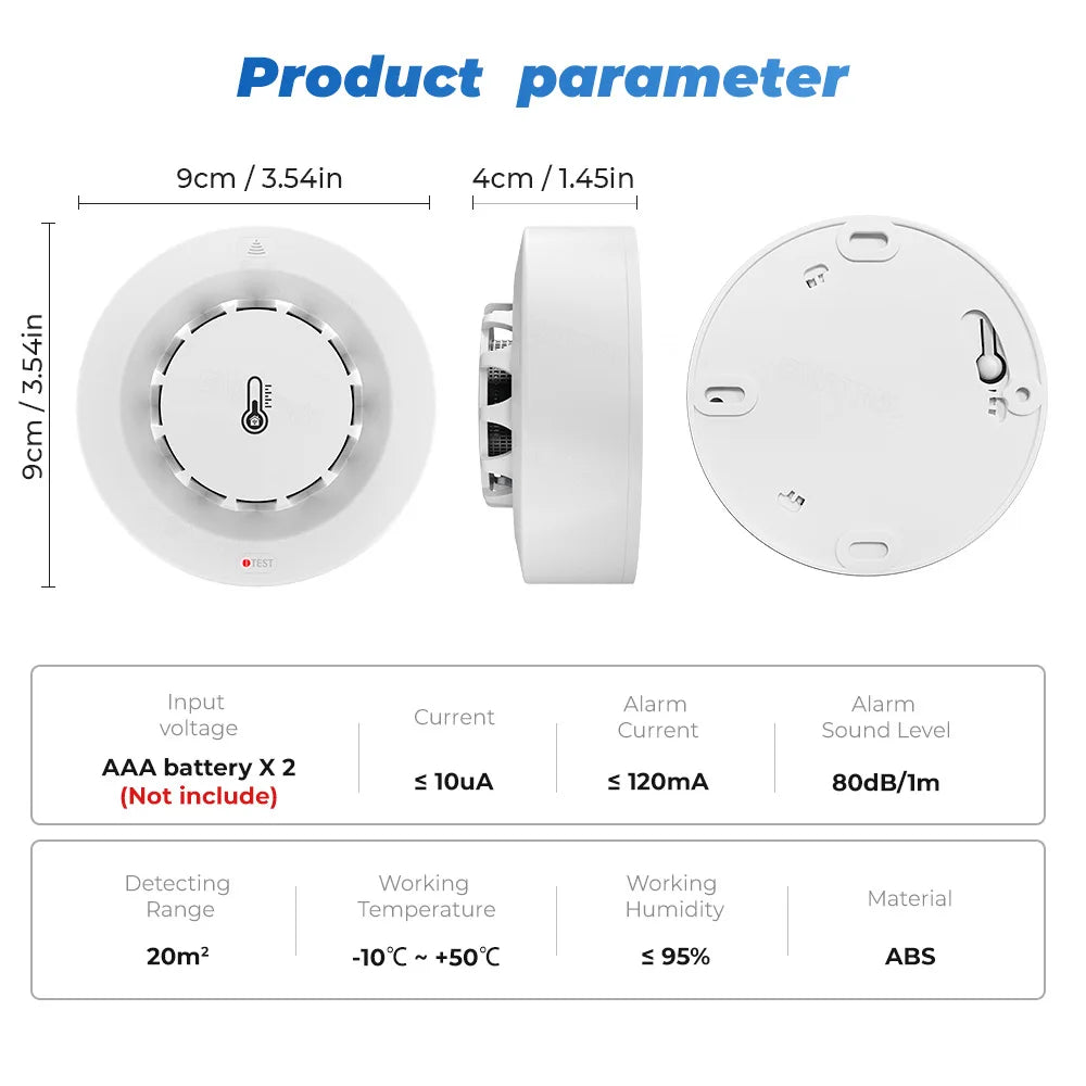 3-in-1 WiFi smoke detector technical parameters detail, white and blue