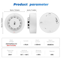 3-in-1 WiFi smoke detector technical parameters detail, white and blue
