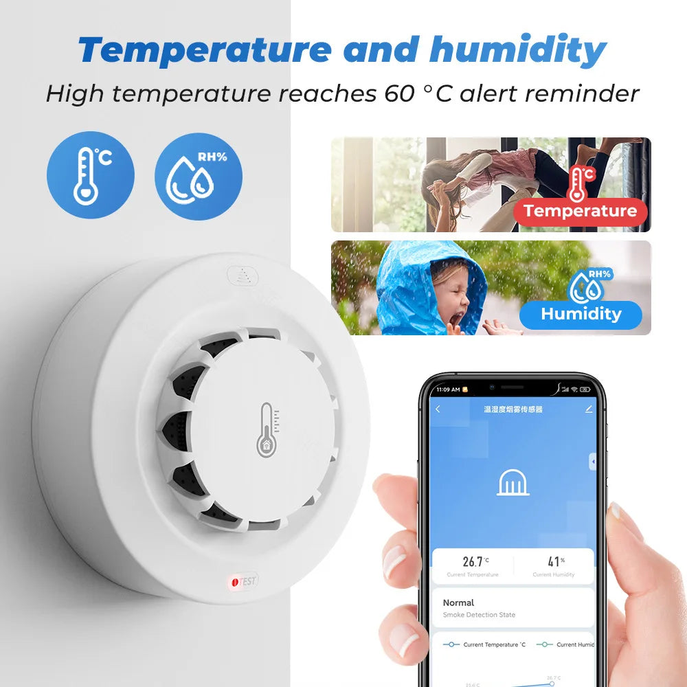 3-in-1 WiFi smoke detector temperature and humidity detail, white and blue