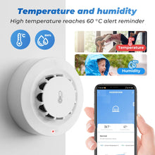 3-in-1 WiFi smoke detector temperature and humidity detail, white and blue