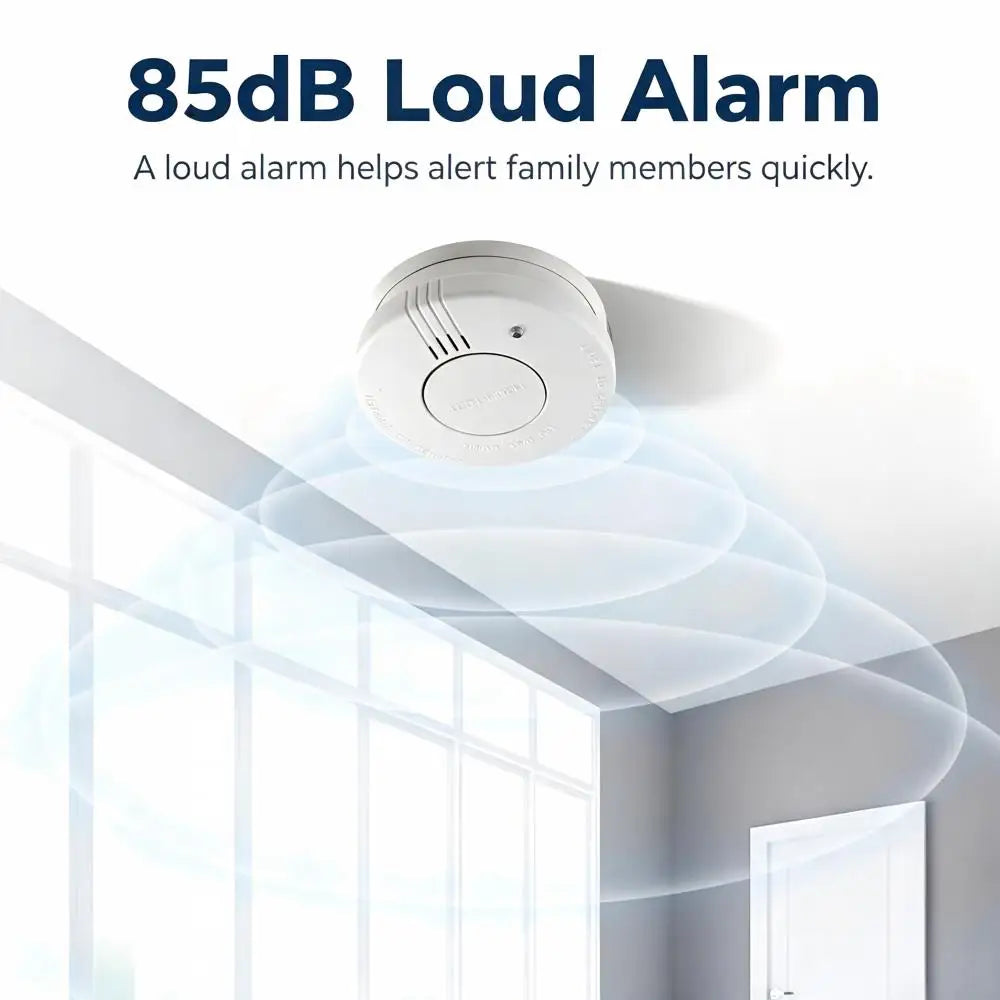 CCEsafety SA10 white smoke alarm lifestyle shot, 85dB loud alarm