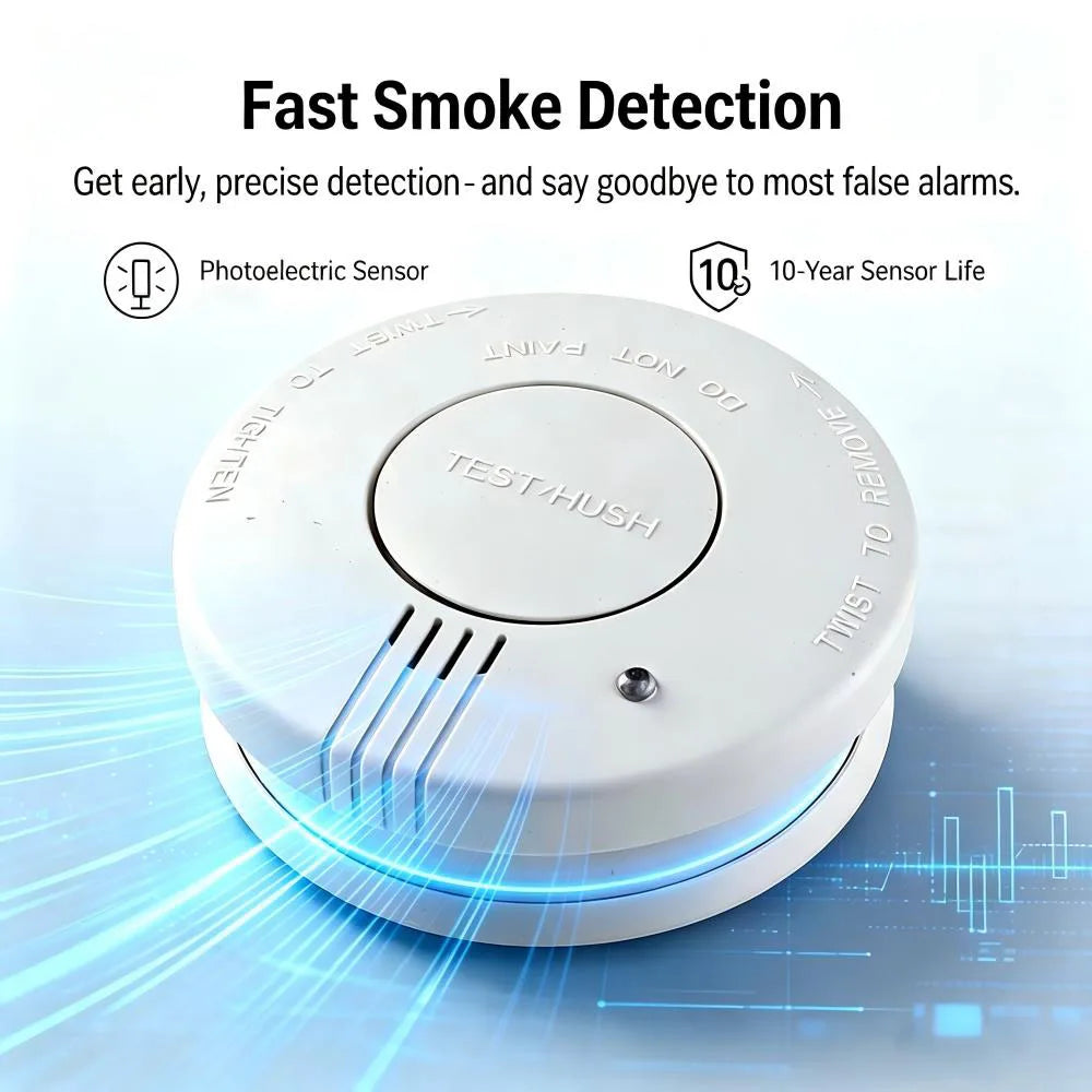 CCEsafety SA10 white smoke detector close-up, protective sensor detail