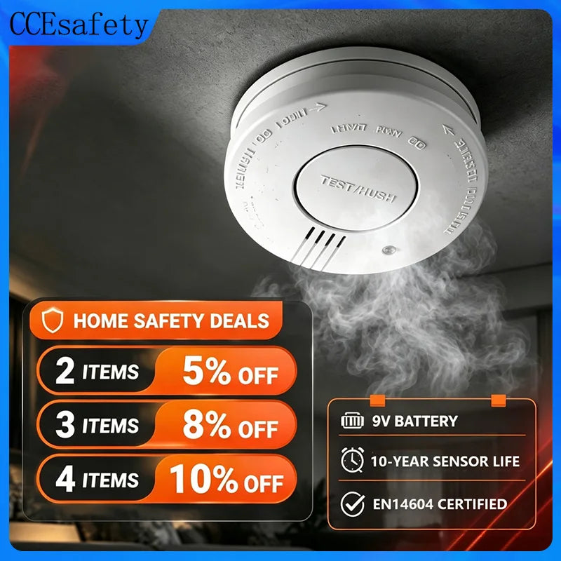 CCEsafety SA10 white smoke detector with LED indicator, studio lifestyle shot