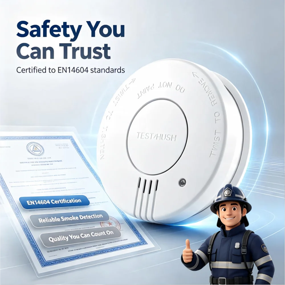 CCEsafety SA10 white smoke detector lifestyle shot with certification theme