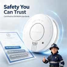 CCEsafety SA10 white smoke detector lifestyle shot with certification theme
