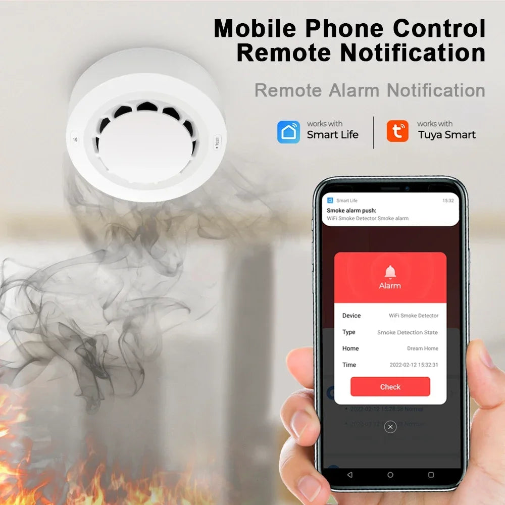 Tuya WiFi smoke detector detail showing 360° detection feature