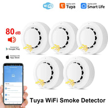 Tuya WiFi smoke detector white lifestyle shot with 80 dB alarm
