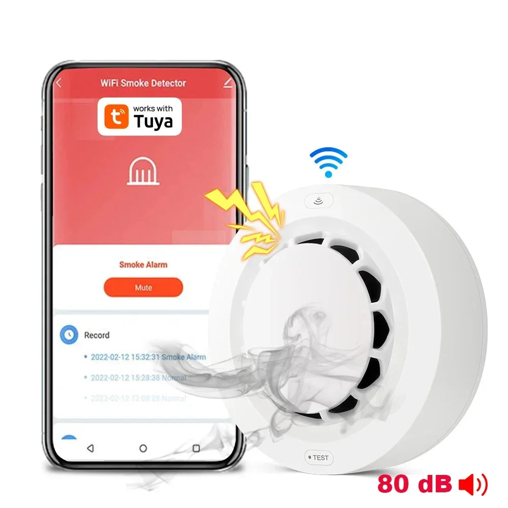 Tuya WiFi smoke detector detail close-up with smartphone app and WiFi
