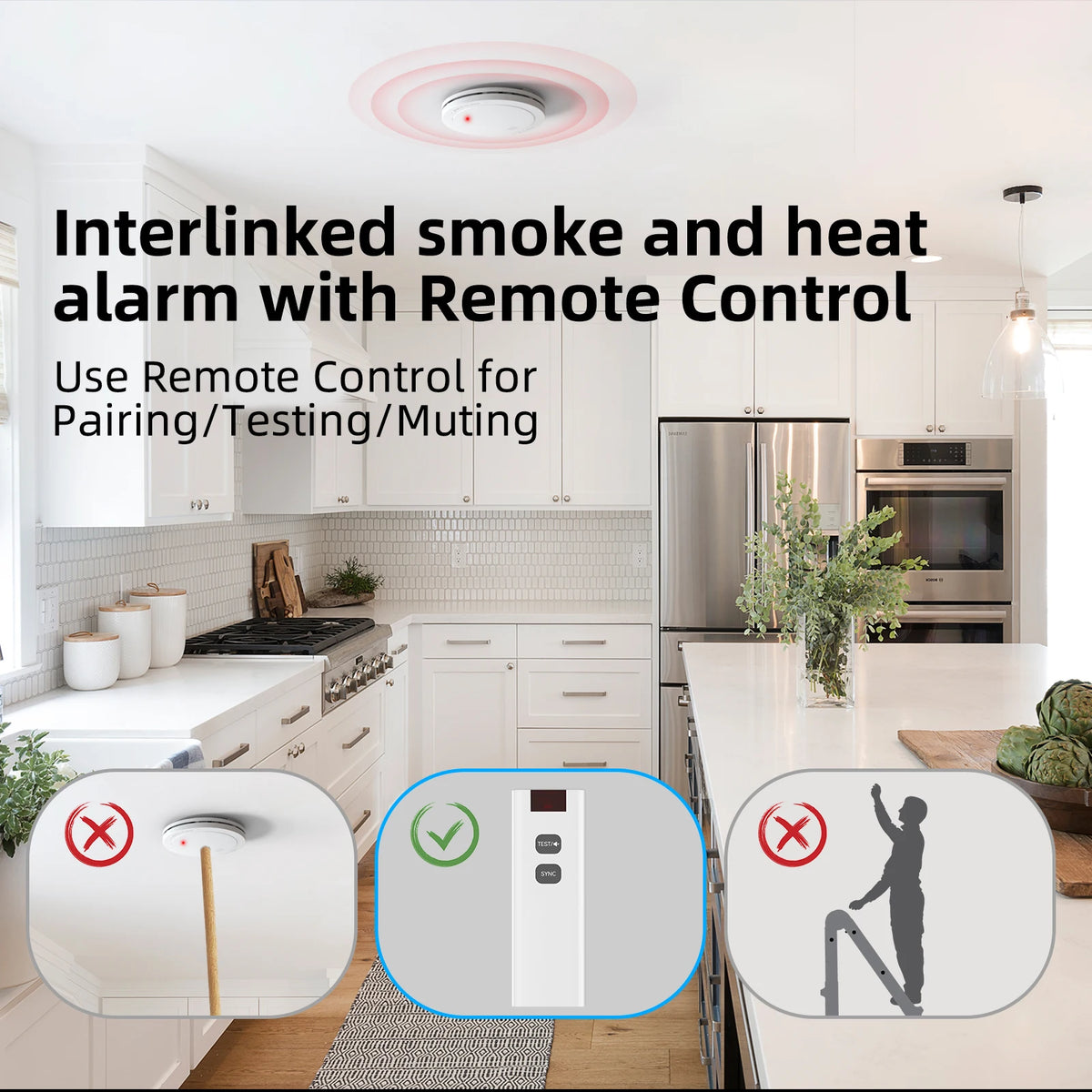 CPVAN smoke and heat alarm lifestyle shot with remote control and interlinked system