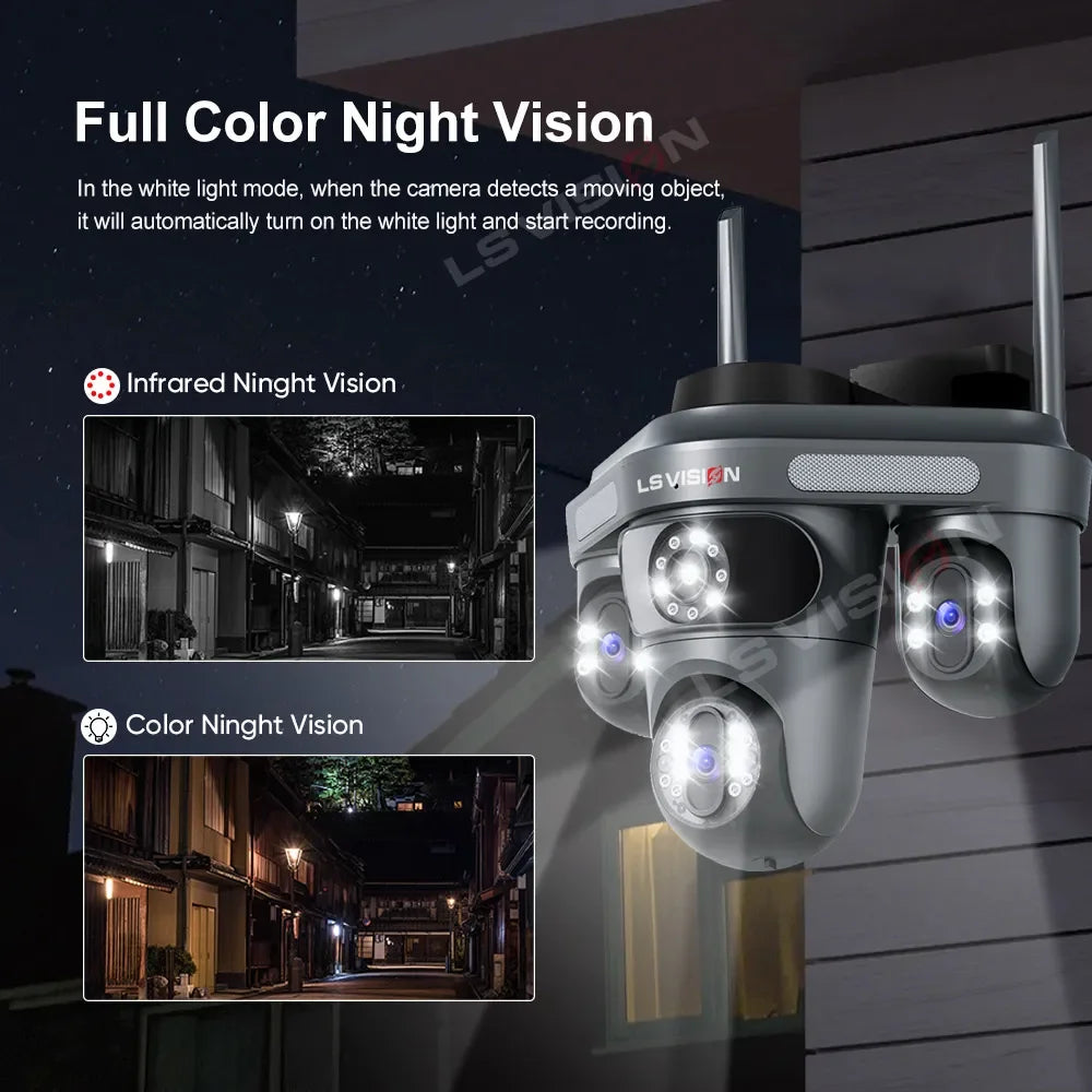 LS VISION black PTZ security camera detail showing full-color night vision LEDs