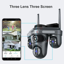 LS VISION black tri-lens PTZ security camera detail close-up with WiFi