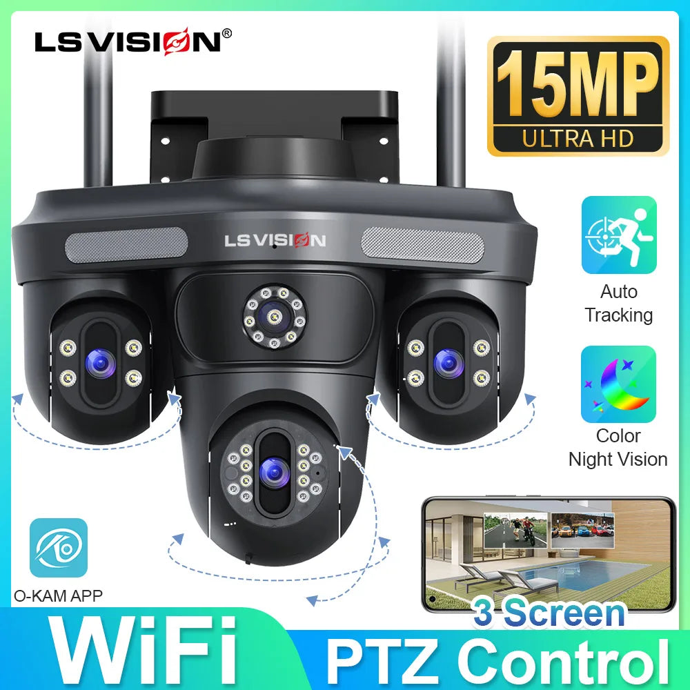 LS VISION black PTZ security camera front view with WiFi and night vision