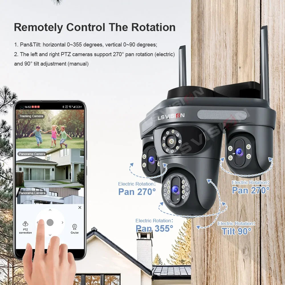 LS VISION black PTZ security camera lifestyle shot with smartphone app