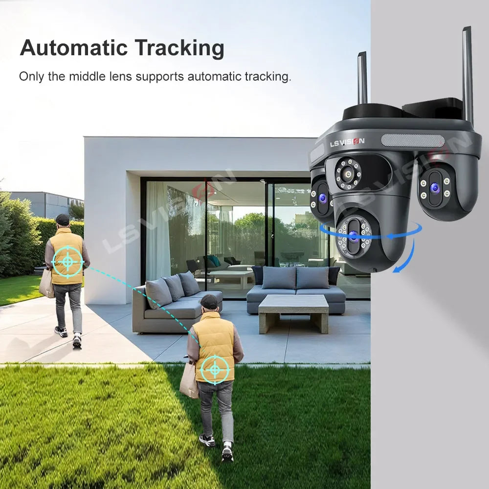 LS VISION black PTZ security camera outdoor lifestyle shot with automatic tracking