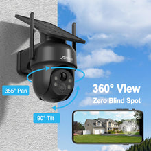 ANRAN security camera close-up detail, black body with 360° view and solar panel