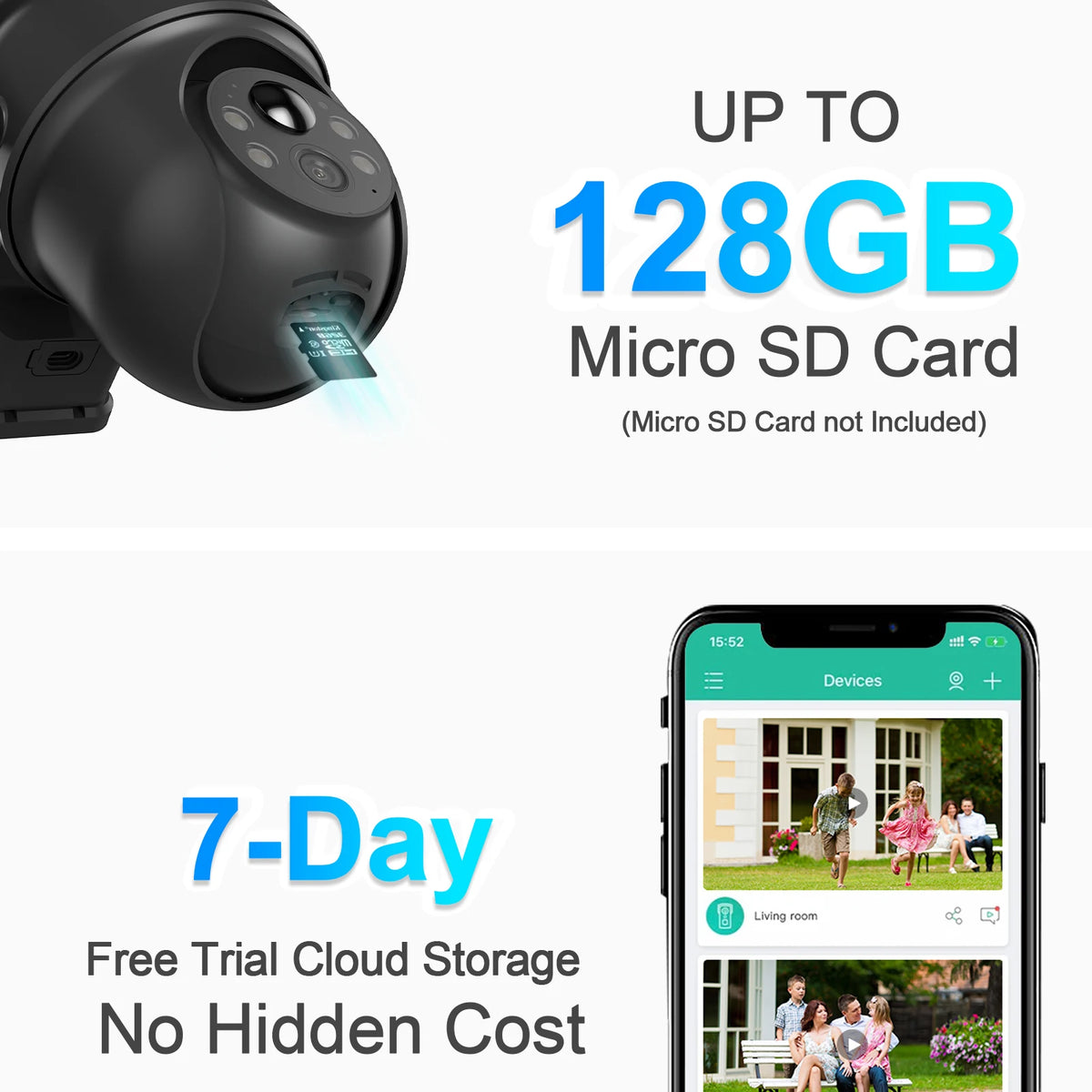 ANRAN security camera detail, black-and-white with 128GB SD card and cloud storage