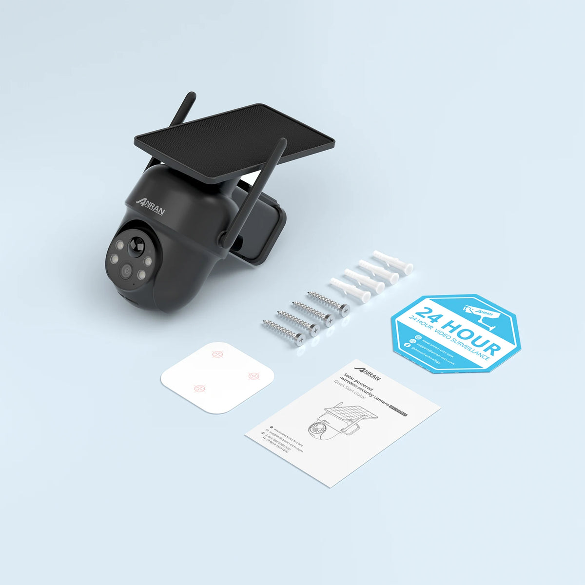 ANRAN solar camera kit lifestyle, black camera with installation materials and manual