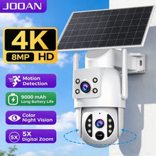 JOOAN solar WiFi camera, white/black/blue front view with 4K HD solar motion detection