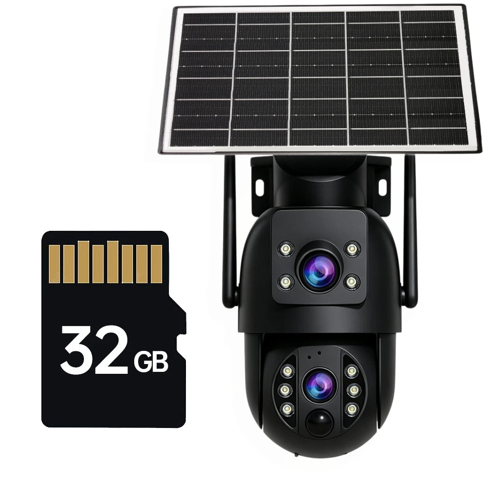 JOOAN 4K solar camera front view, black/gold with solar panel and 32 GB card