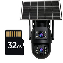 JOOAN 4K solar camera front view, black/gold with solar panel and 32 GB card