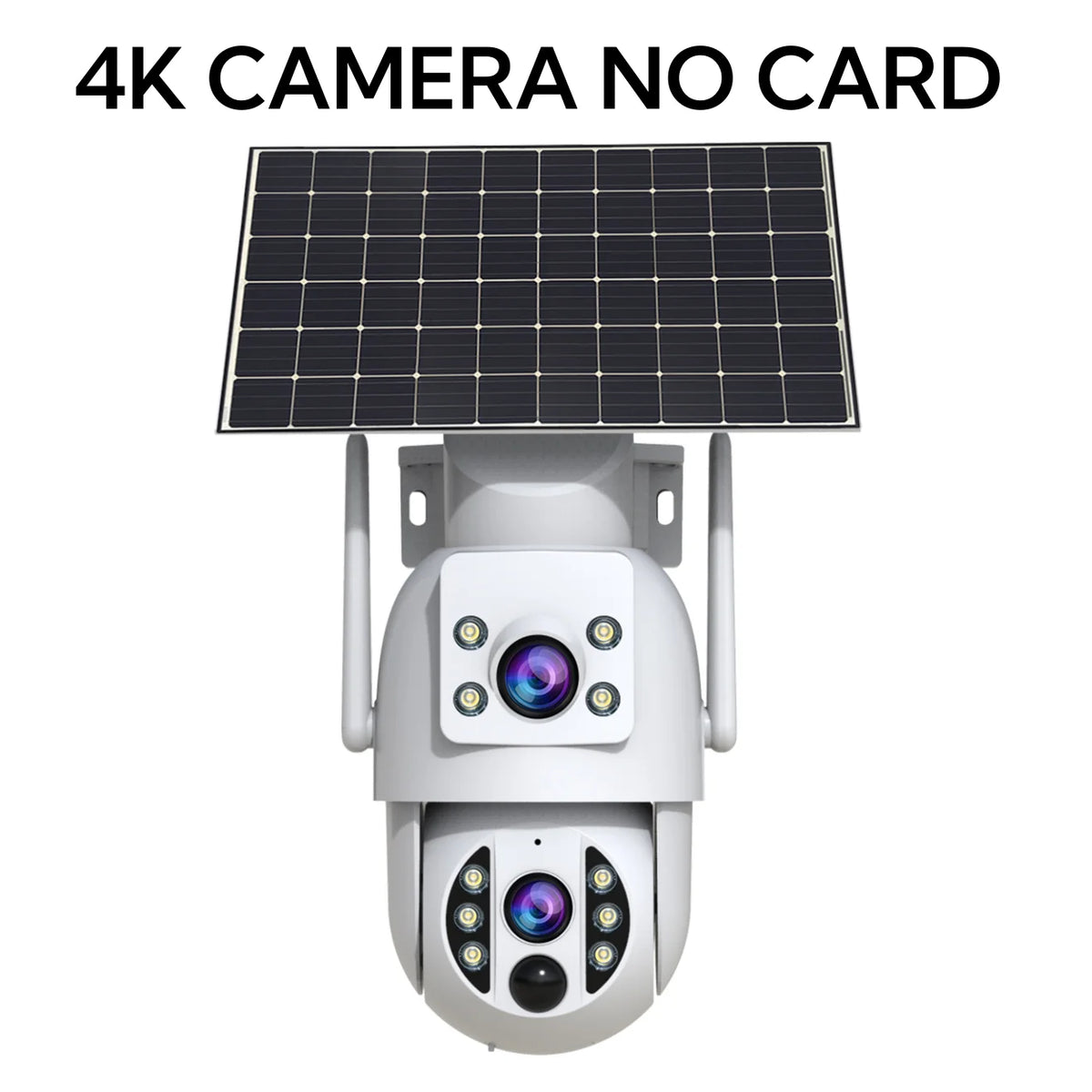 JOOAN solar WiFi camera, white/black front view with 4K resolution and no SD card