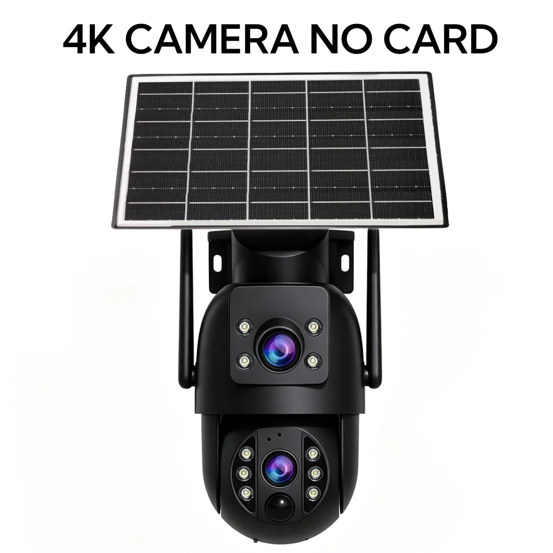 JOOAN 4K solar camera front view, black/silver with LED indicators and no card