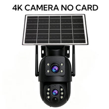 JOOAN 4K solar camera front view, black/silver with LED indicators and no card