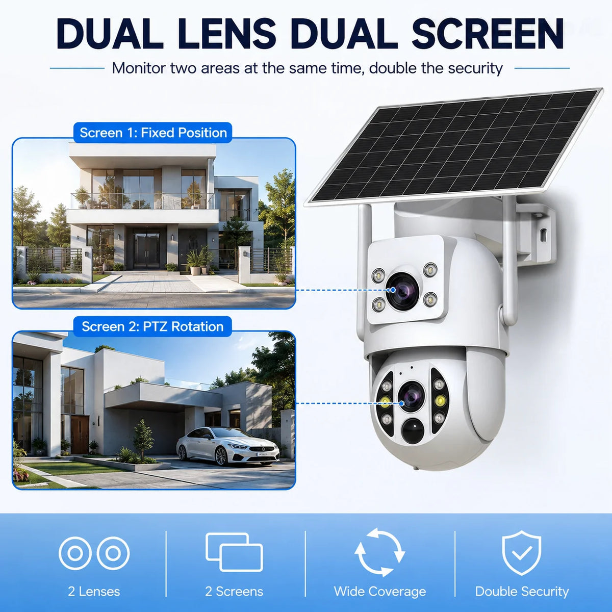 JOOAN solar WiFi camera, white/black/blue with 9000mAh battery and solar panel