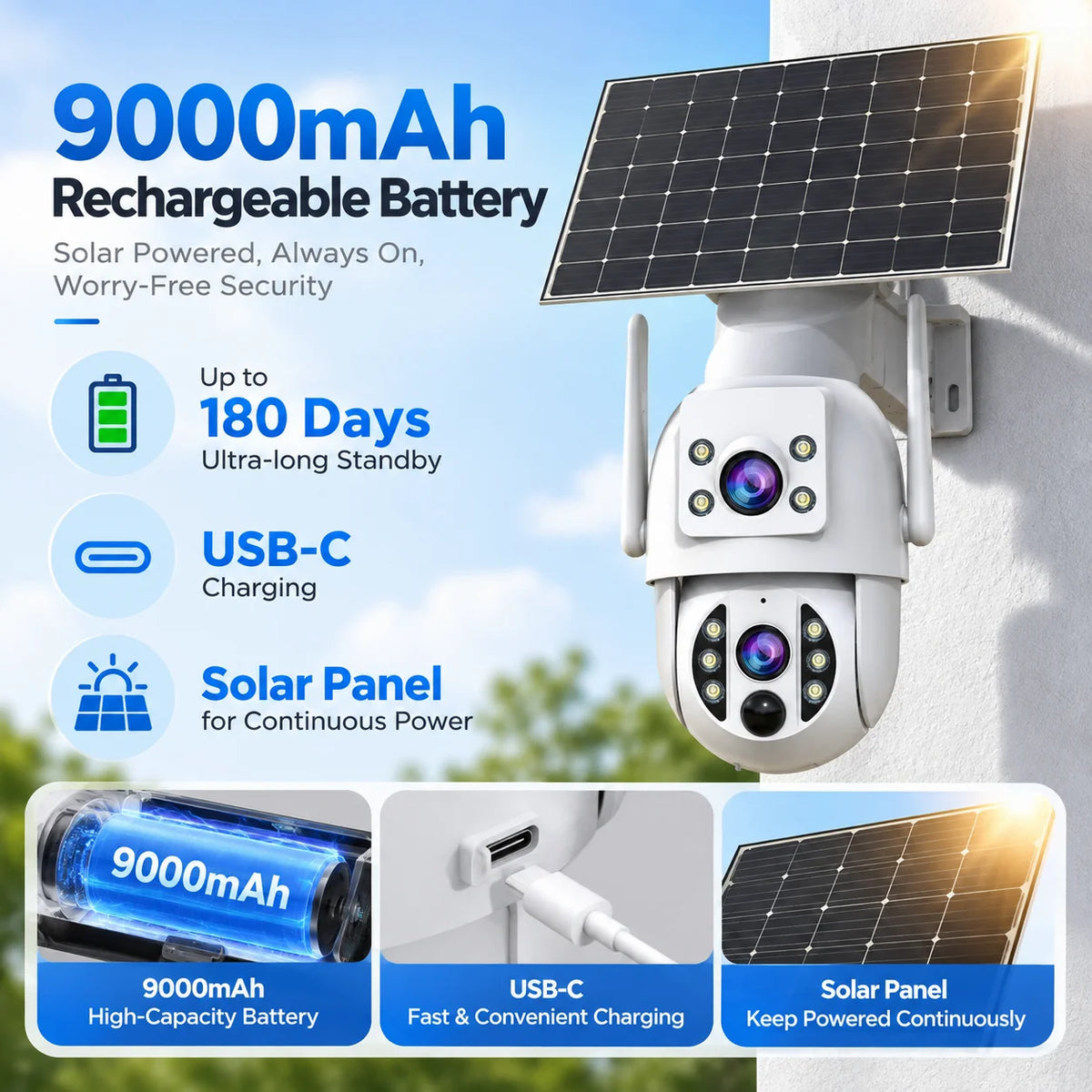 JOOAN solar WiFi camera, white/black/green with 9000mAh battery and USB-C charging