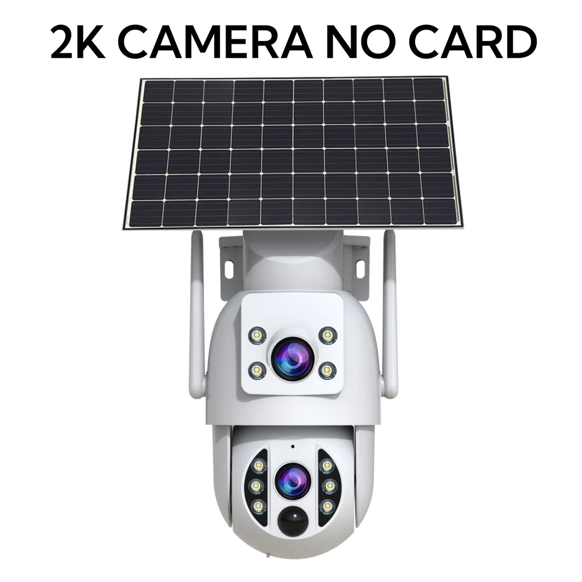 JOOAN solar WiFi camera front view, white/silver with LED indicators and no card