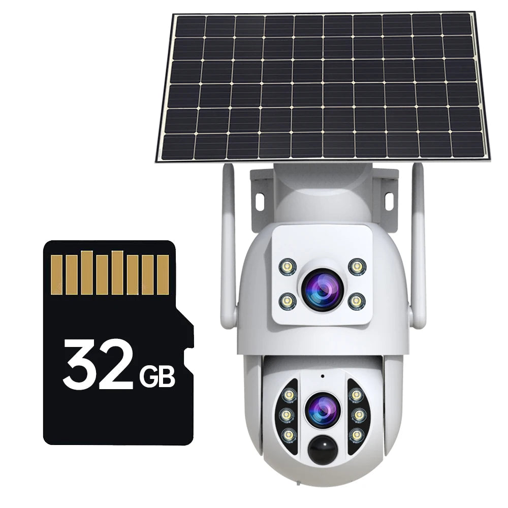 JOOAN solar WiFi camera, white/blue front view with two-way audio and solar panel