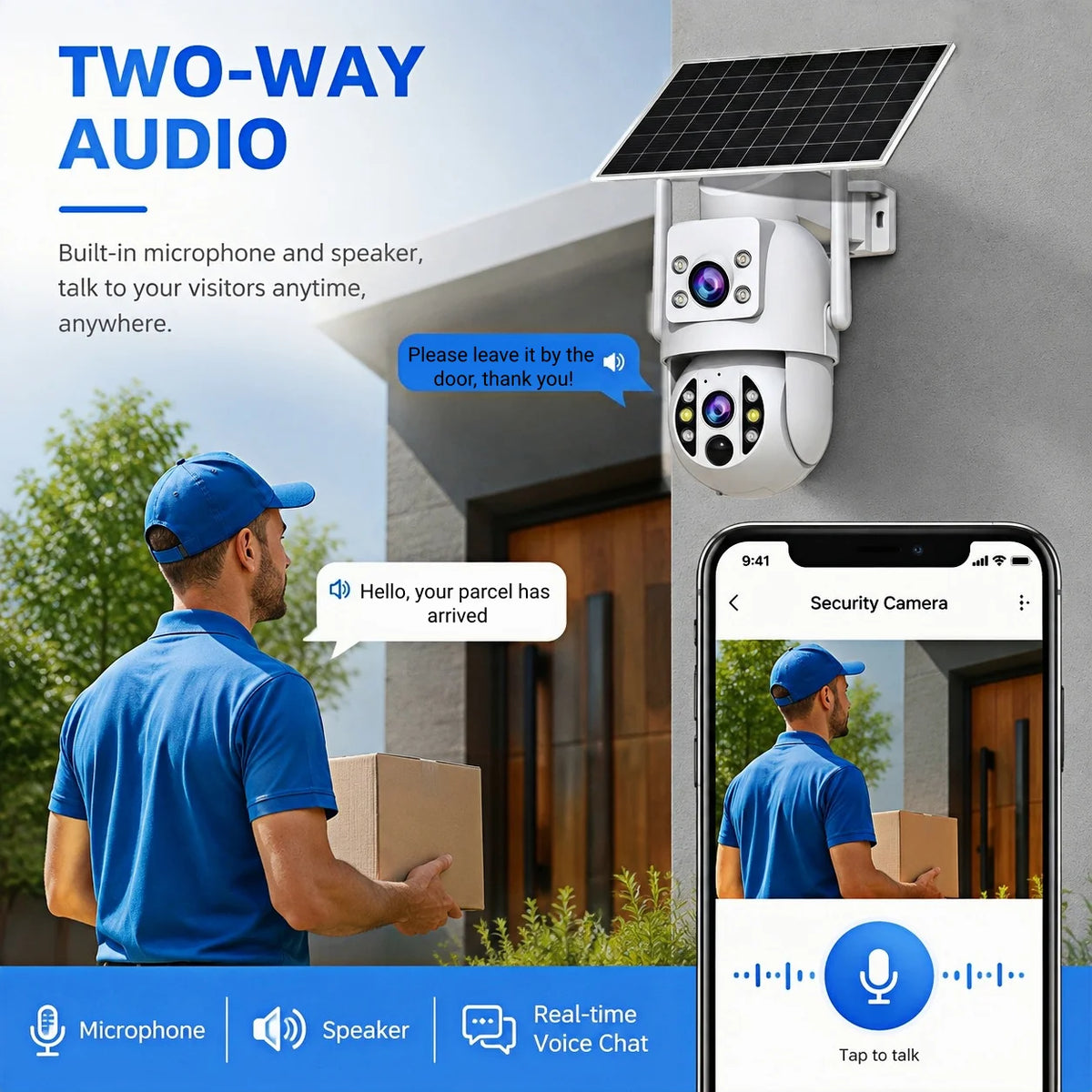 JOOAN solar WiFi camera, white/blue front view with two-way audio and app connectivity