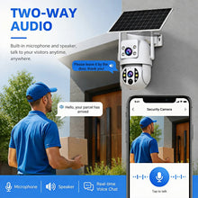 JOOAN solar WiFi camera, white/blue front view with two-way audio and app connectivity